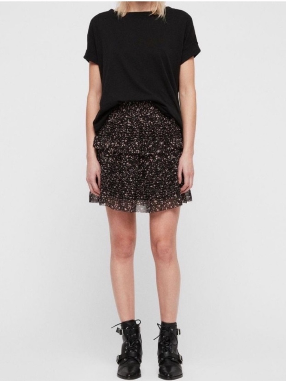 All Saints Sanse Pepper Floral Tiered Ruffle Mini Skater Skirt Black Pink, Small
